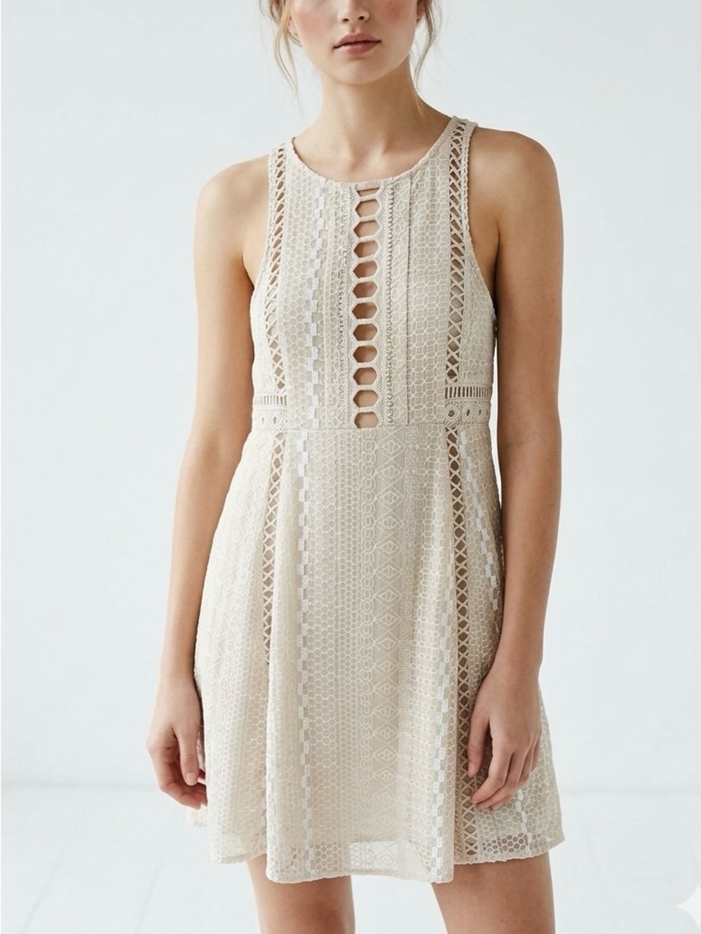 Free People Wherever You Go Lace Mini Dress 6 Ivory Boho Chic Cutout